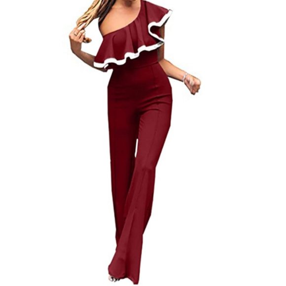 Pants - NWT One Shoulder Ruffle Bell Bottom 70s Jumpsuit.